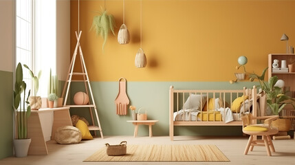 Wall mock up in children room with natural wooden furniture. Generative Ai