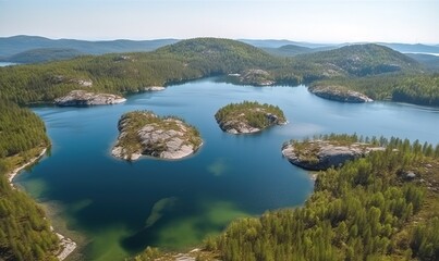 Fototapeta na wymiar an aerial view of a lake surrounded by trees and mountains. generative ai