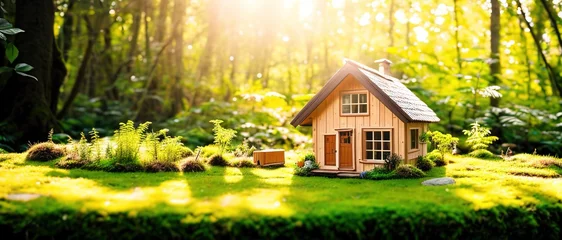 Foto op Aluminium Wooden rural house model, real estate miniature in the meadow, new housing, young family, generative ai. © Budjak Studio