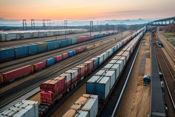 Freight train with cargo containers, generative ai. - obrazy, fototapety, plakaty