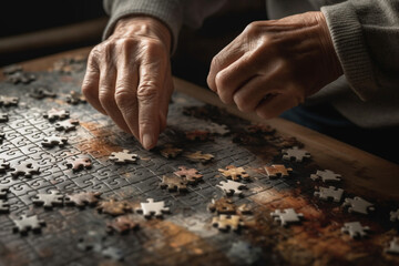 hands assembling a jigsaw puzzle. generative AI