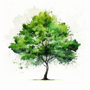 Watercolor green tree, Illustration AI Generative.