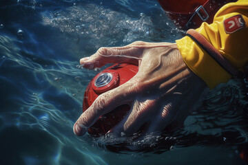 hands gripping a ball buoy in the beach. generative AI