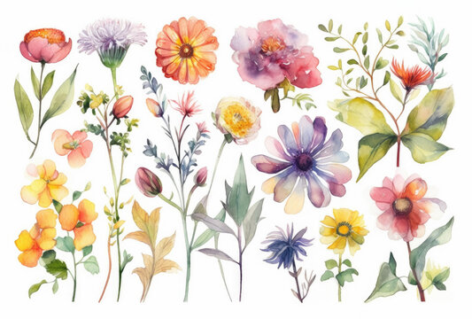 Set watercolor elements of  wildflowers, herbs, garden flowers, leaves and branches, created with Generative AI