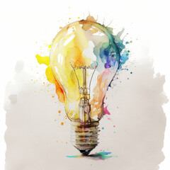 Watercolor light bulb. Illustration AI Generative.