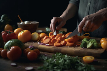 hands slicing vegetables in preparation. generative AI