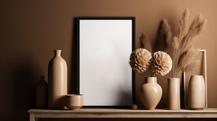 Frame mockup in home interior with decoration, living room in brown warm color. Generative Ai