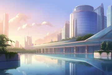 Fototapeta na wymiar futuristic cityscape featuring a stunning infinity pool. Generative AI Generative AI