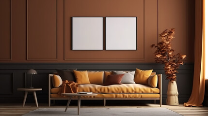 Minimal living room interior design with empty frame. Generative Ai