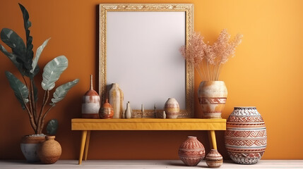 Frame mockup in home interior with ethnic boho decoration. Generative Ai