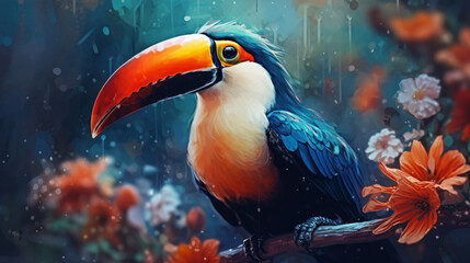 Toucan magic background. Illustration AI Generative - obrazy, fototapety, plakaty