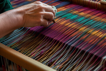 hands using a loom to weave a colorful tapestry. generative AI