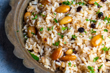Traditional delicious Turkish food; Almond rice pilaf (Turkish name; Bademli pirinc pilavi)