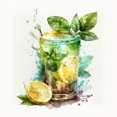 Watercolor tropical cocktail. Illustration AI Generative.