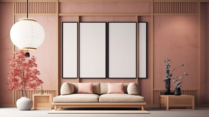 Home interior in japanese style, frame mockup in living room background. Generative Ai