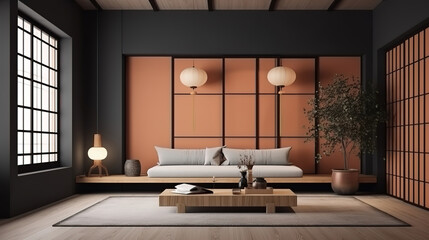 Home interior in japanese style, frame mockup in living room background. Generative Ai