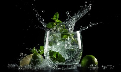 Fototapeta na wymiar a glass of water with limes and mints in it. generative ai