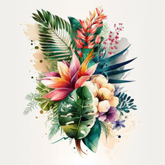 Watercolor tropical leaves. Illustration AI Generative.