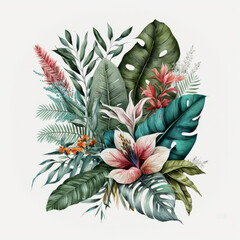 Obraz premium Watercolor tropical leaves. Illustration AI Generative.