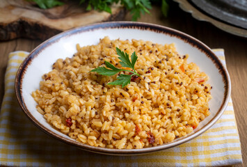 Bulgur pilaf with quinoa, food concept photo. Turkish name; kinoali bulgur pilavi