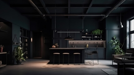 Modern home interior in dark colors loft. Generative Ai