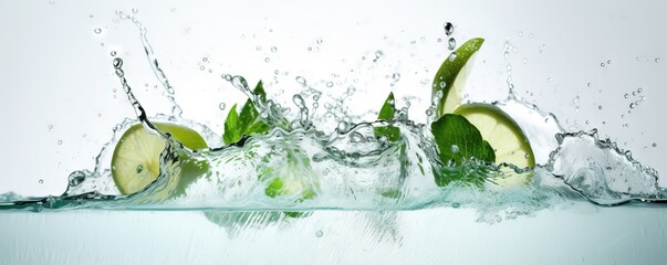  limes and lime slices are splashing into the water.  generative ai