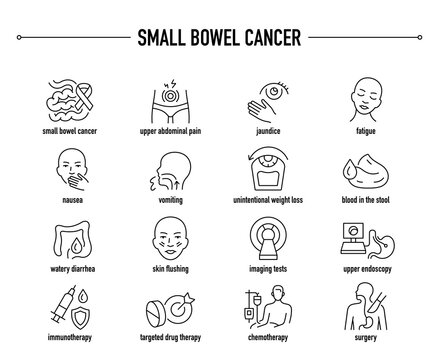 Small Bowel Cancer symptoms, diagnostic and treatment vector icon set. Line editable medical icons.