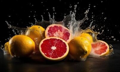 Fototapeta na wymiar grapefruit, lemons, and grapefruit are splashing into the water. generative ai