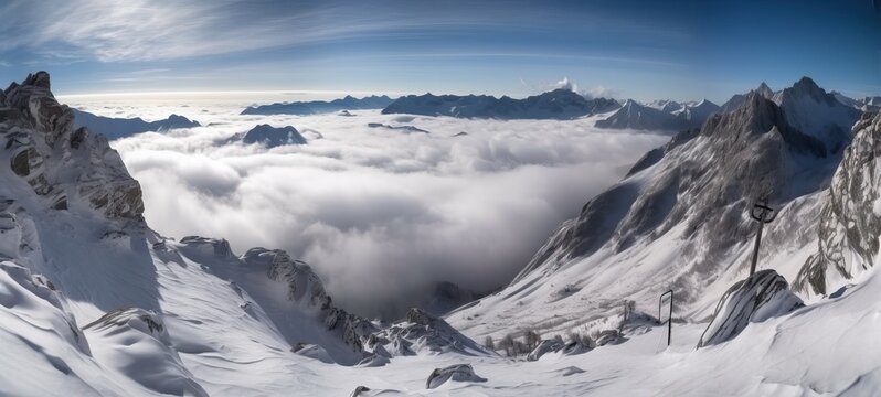 Panorama of a winter mountain landscape for a ski resort, generative AI.