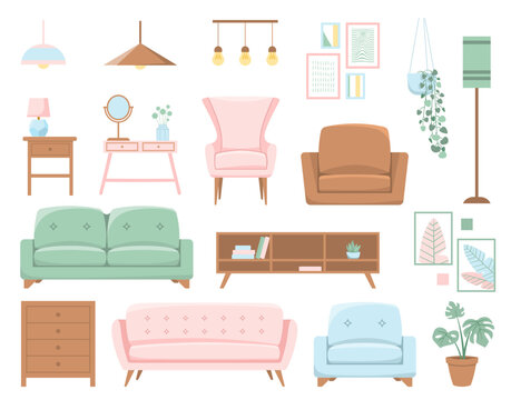Living room furniture set. Collection of graphic elements for website. Sofa and armchair, lamp and plant. Pictures and bookshelf. Cartoon flat vector illustrations isolated on white background