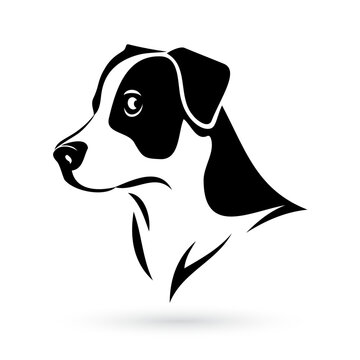 A black and white illustration of a dog head, featuring a streamlined design with clean lines, presented on a white background as a portraiture icon