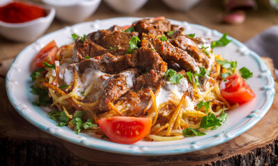 Turkish food; Cokertme Kebab - Beef meat kebab with yoghurt and french fries