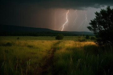 Lightning flashes on dramatic night sky, lightning strikes in wild nature, AI Generated landscape