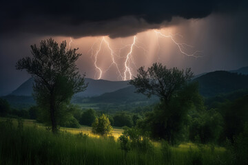 Naklejka na ściany i meble Lightning flashes on dramatic night sky, lightning strikes in wild nature, AI Generated landscape