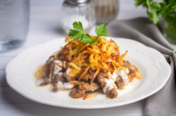 Turkish food; Cokertme Kebab - Beef meat kebab with yoghurt and french fries