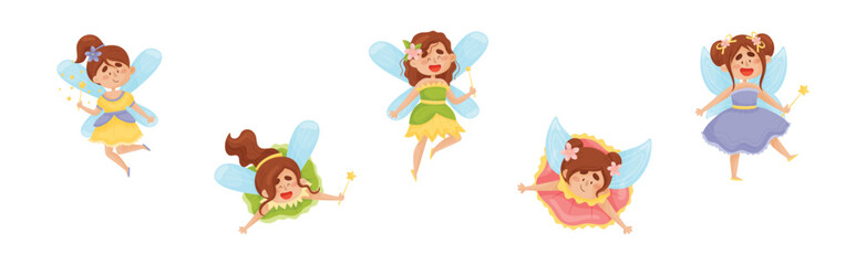 Cute Girl Fairy with Magic Wand Flying with Wings Vector Set.