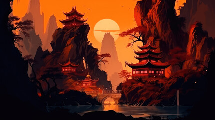 Ancient Chinese temple deep gorge. Generative AI