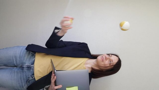 business woman juggles and talks on phone. time management and multitasking of female entrepreneur. lady in jacket with colorful balls. finance and marketing Generative AI