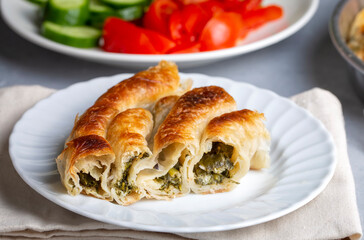 Turkish Tepsi Boregi, Round Borek, Tray pastry (Turkish name; rulo borek or kol boregi)