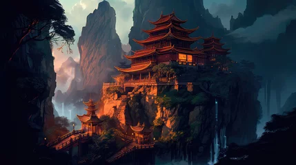 Deurstickers Ancient Chinese temple deep gorge. Generative AI © keks20034