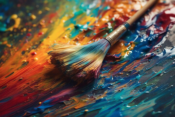 Fototapeta premium painter's brush swirling vibrant paint colors onto a canvas. generative AI