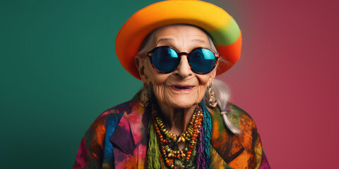 Fototapeta na wymiar portrait of a cool old women with sunglasses and hat, crazy colorful lifestyle concept, fictional person created with generative ai