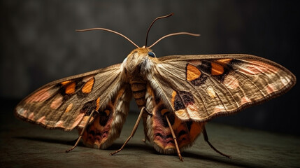 Fototapeta na wymiar Beautiful moth with spread wings on gray background. Generative AI
