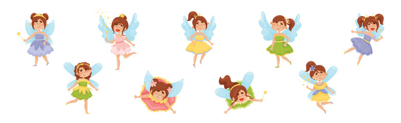 Cute Girl Fairy with Magic Wand Flying with Wings Vector Set.