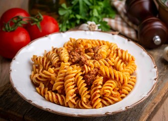 Fusilli pasta, spiral or spirali pasta with tomato, minced sauce - Italian food style