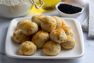 Traditional herb cookies. Handmade cookies made with black cumin are from Turkish cuisine. Turkish name; Corek otlu kurabiye