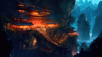 Ancient Chinese temple deep gorge. Generative AI