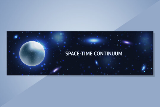 Banner with Shining planet on a background of starry night, quasars and galaxies. Deep space, Universe, silver glowing Mercury with a reflections of stars and Sun. Vector illustration.