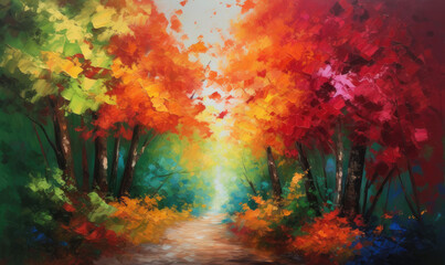 Obraz na płótnie Canvas Autumn trees lining driveway. Colorful foliage. Watercolor. Generative AI