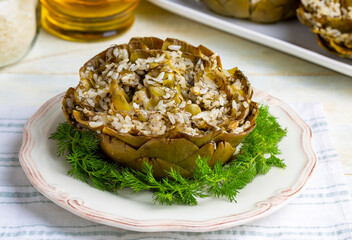 Fresh delicious stuffed artichoke, best Turkish food. Turkish name; Zeytinyagli Enginar Dolmasi
